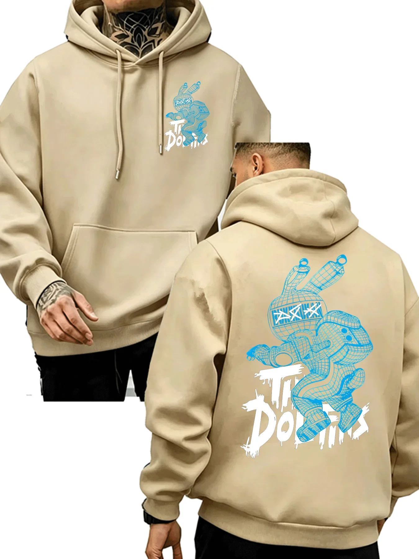 Men's hooded sweatshirt with fun doll rabbit graffiti and English slogan print, loose-fitting sports top for autumn and winter.