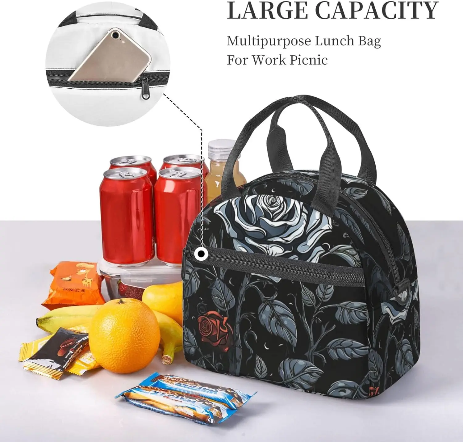 Lunch Bag Women Large Rose gothic Printed Insulated Lunch Bag Portable Cooler Lunch Box for Work Picnic Travel