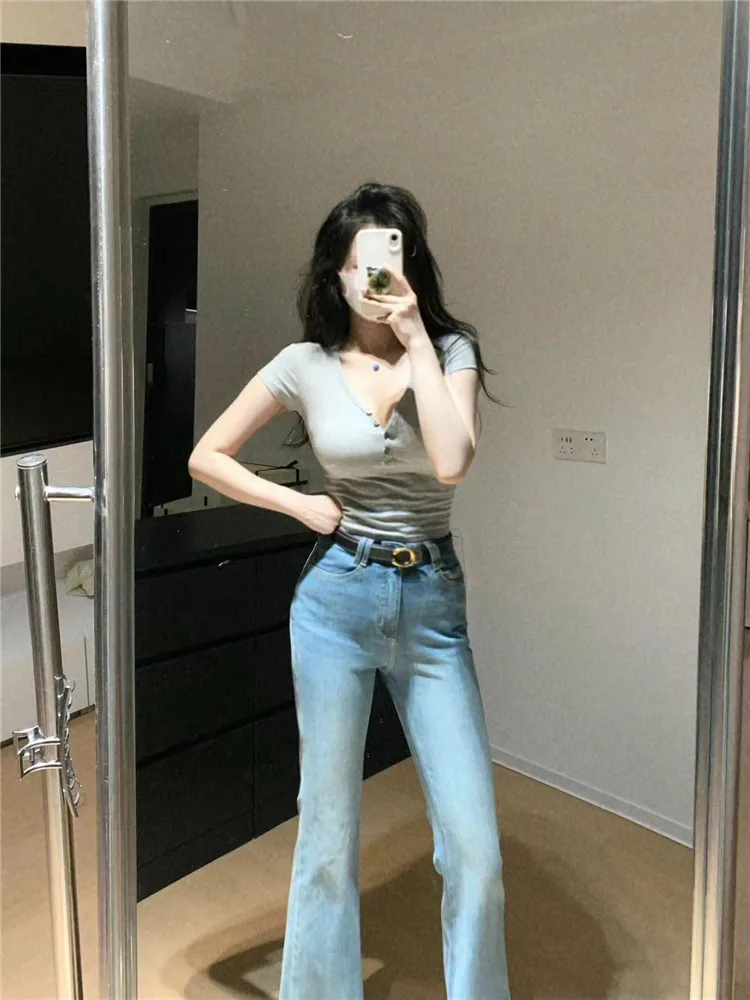 American Retro High Waist Slimming High Rise Denim Jeans Women's Micro Flared Stretchy Extended Length Floor Length Pants