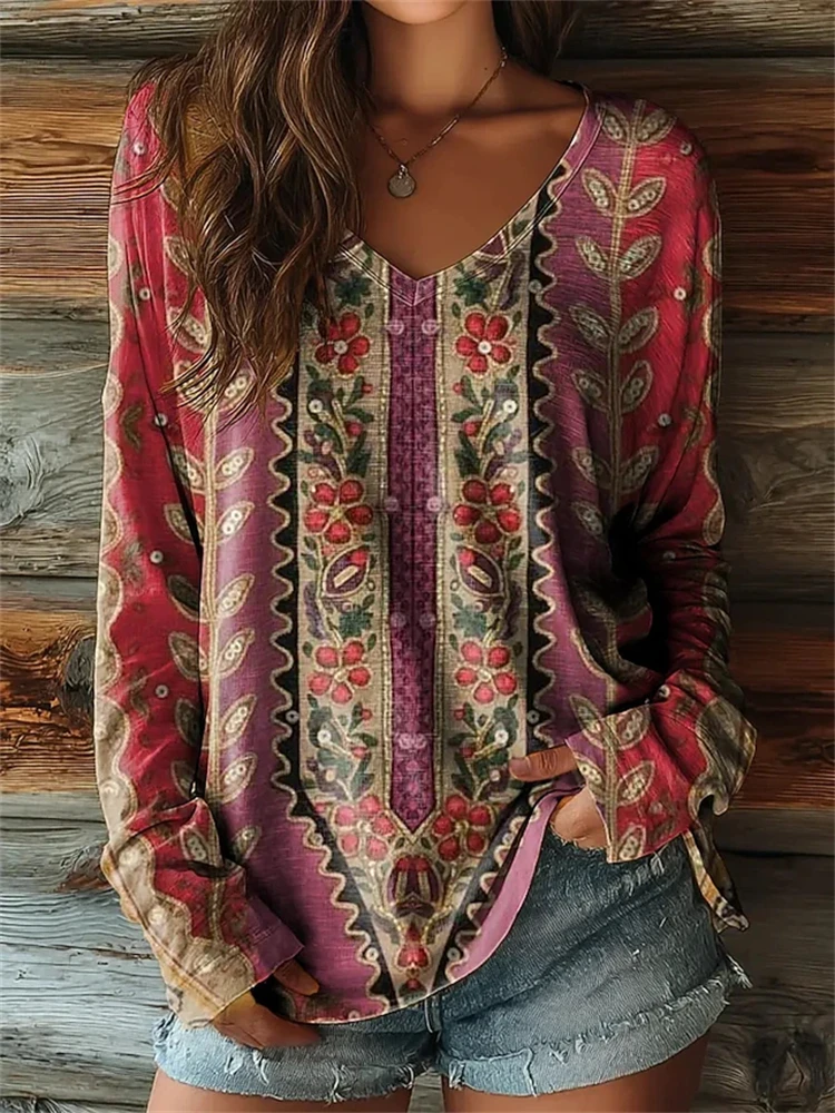 Women's Elegant Stylish Long-Sleeve V-Neck T-Shirt Fall 2026 Vintage Floral Print Comfortable Loungewear Street-Style Top