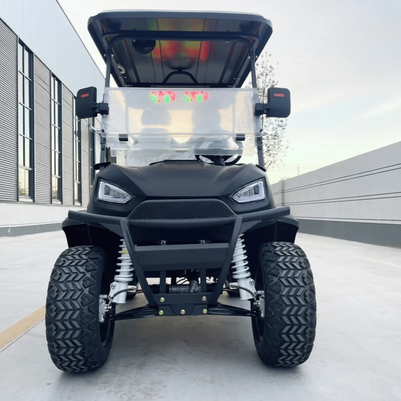 

Vintage China Luxury Electric Golf Cart 4 Seater Utility Golf Cart White Seat With Headrest Off-Road Tires Bumper Sound Bar