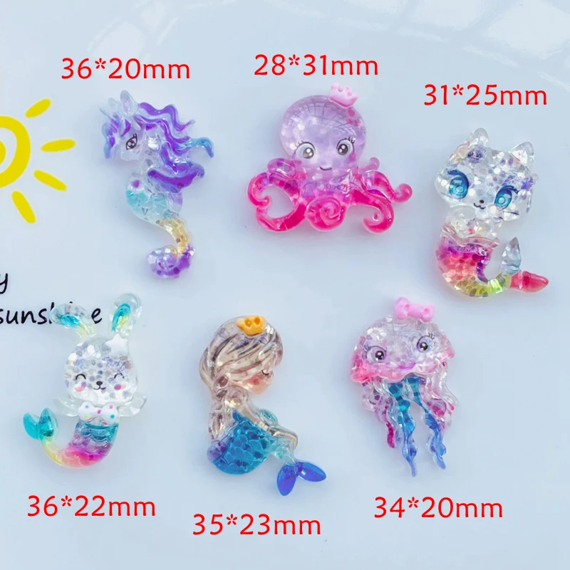 10 Pcs New Cute Shiny Cartoon Animal Mermaid Flat Back Resin Scrapbooking DIY Jewelry Earwear Craft Decoration Accessories A75