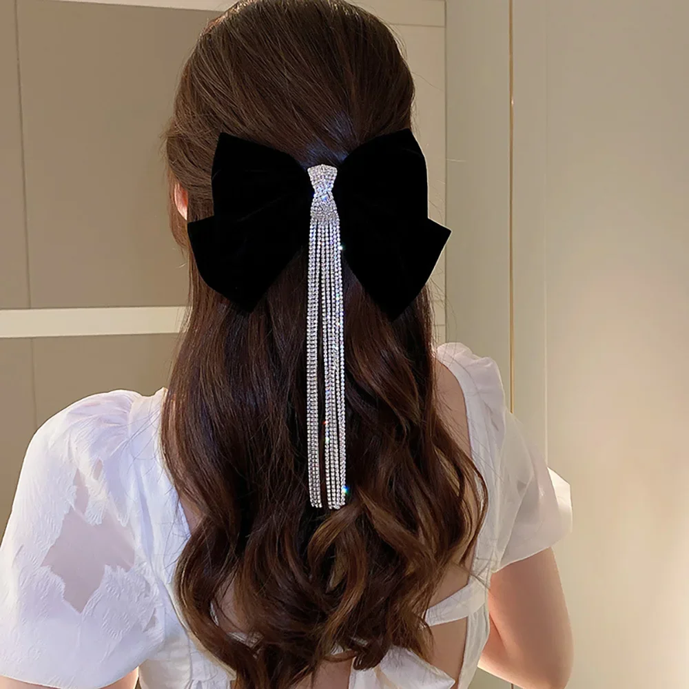 Fashion Korean Velvet Elegant Women Bow Hair Pins Fabric Rhinestone Tassel Hair Clips for Girl Spring Clip Hair Accessories