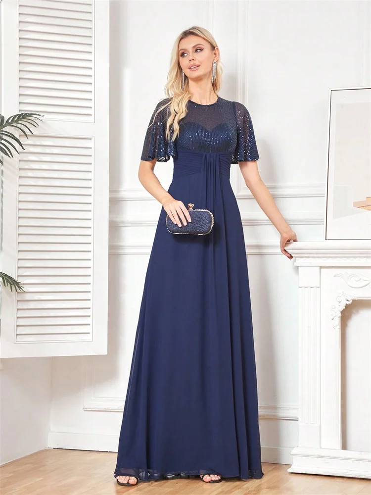 Luxury Sequin Short Sleeve Navy Evening Dresses Elegant Women O-neck Formal Wedding Party Gowns Vestidos