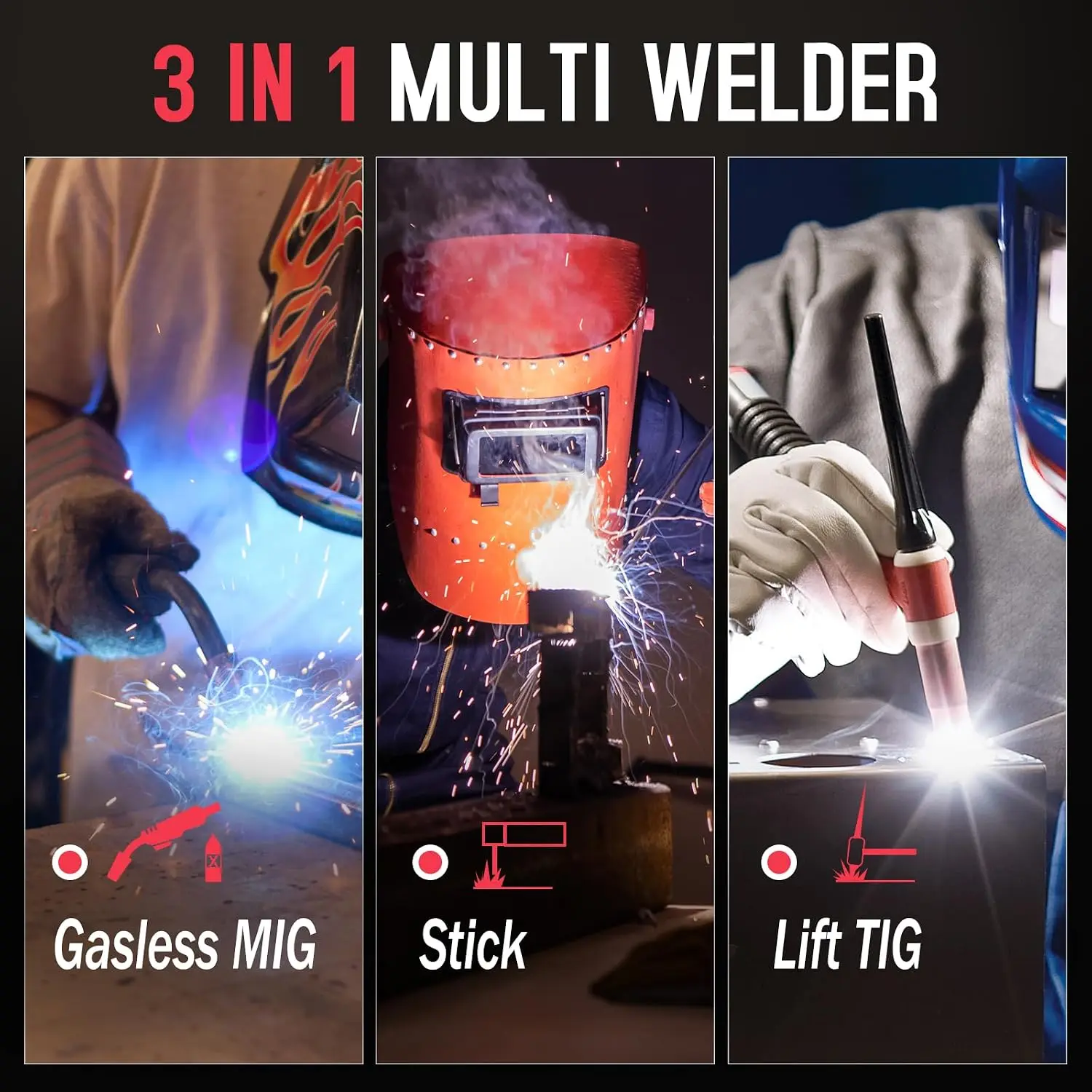 3-in-1 140A Welding Machine, Gasless Flux Core MIG Welder with Lift TIG and Stick Welding Modes