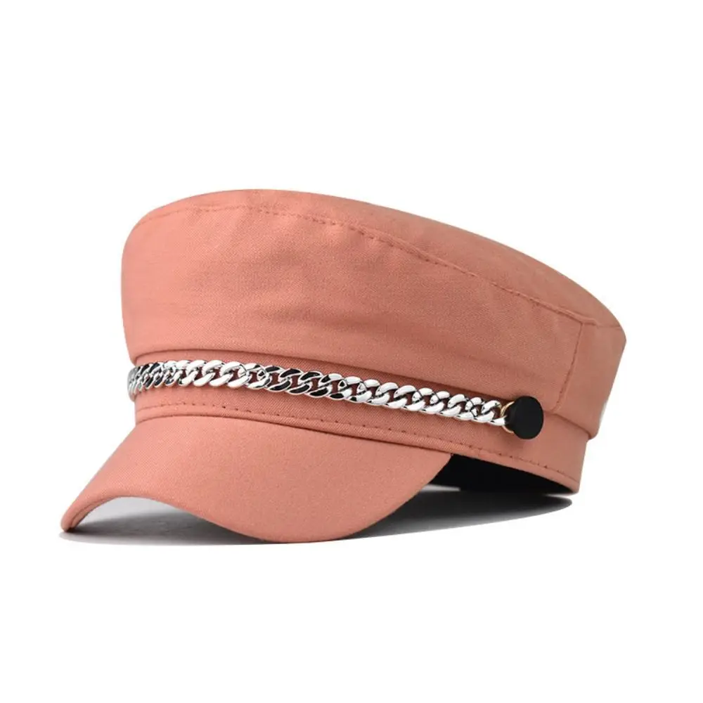 Fashion Cotton Polyester Newsboy Cap Short Brim Chain Decor Octagonal Beret Adjustable Beret Hat Street Wear