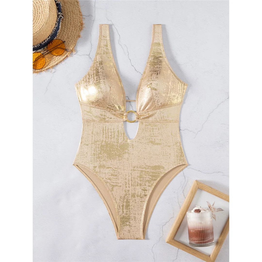 Sexy goldener Badeanzug mit tiefem V-Ausschnitt, hohem Beinausschnitt und offenem Rücken, einteiliger Badeanzug für Damen, Monokini, Badebekleidung, Badeanzug, Modell V6690. – Detail 25