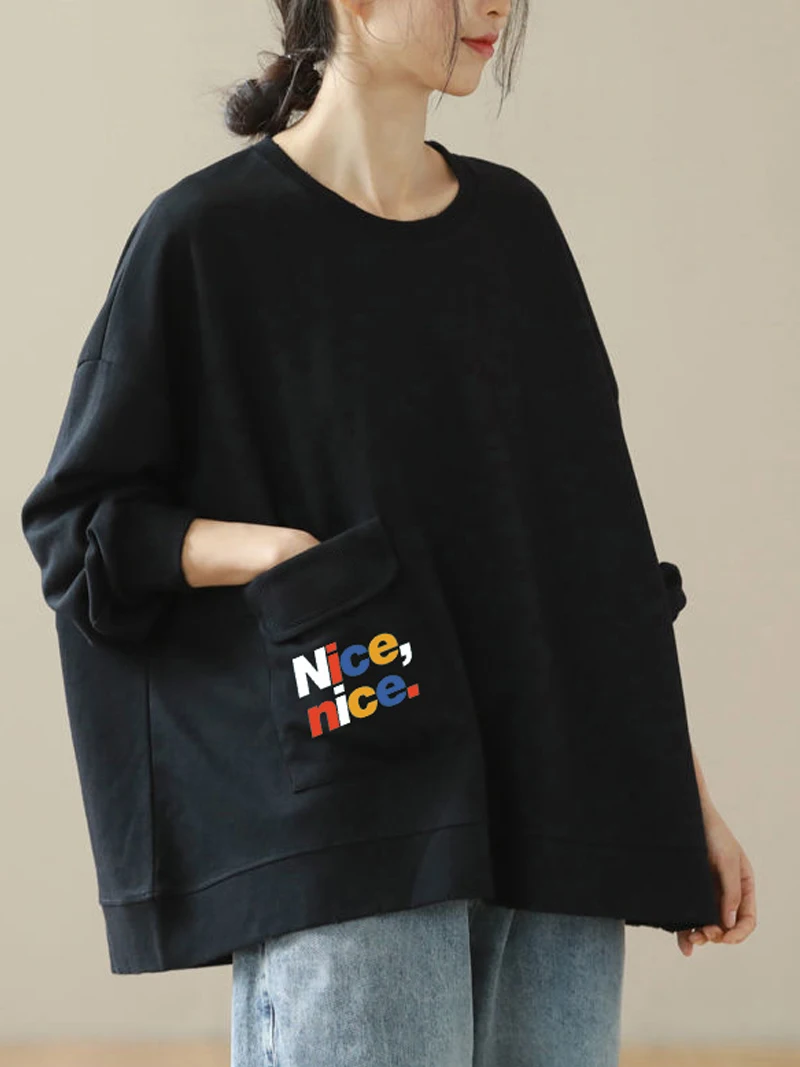 Autumn Loose Women Sweatshirt Letter Print Pocket Casual Cotton Korean Style Long Sleeve Tops Fashion O-Neck Simple Pullovers