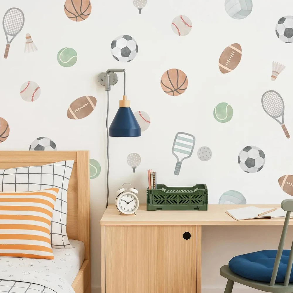 Creative Cartoon Sports Balls Wall Stickers, Removable Soccer Basketball Football Tennis Pattern Wall Decals for Boys Bedroom