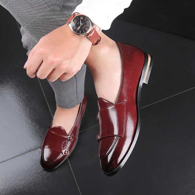New Shoes for Men Leather Casual Monk Shoes Pointed Toe British Style Business Leisure Dress Shoes