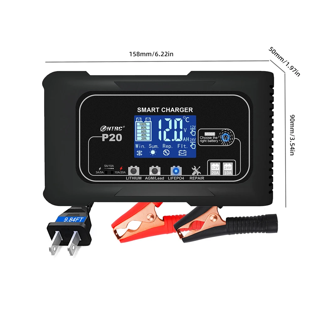 Chargeur automatique de batterie de moto, écran LCD, AGM GEL, plomb-acide, voiture, 12V, 20A, 24V, 10A, 7 étapes