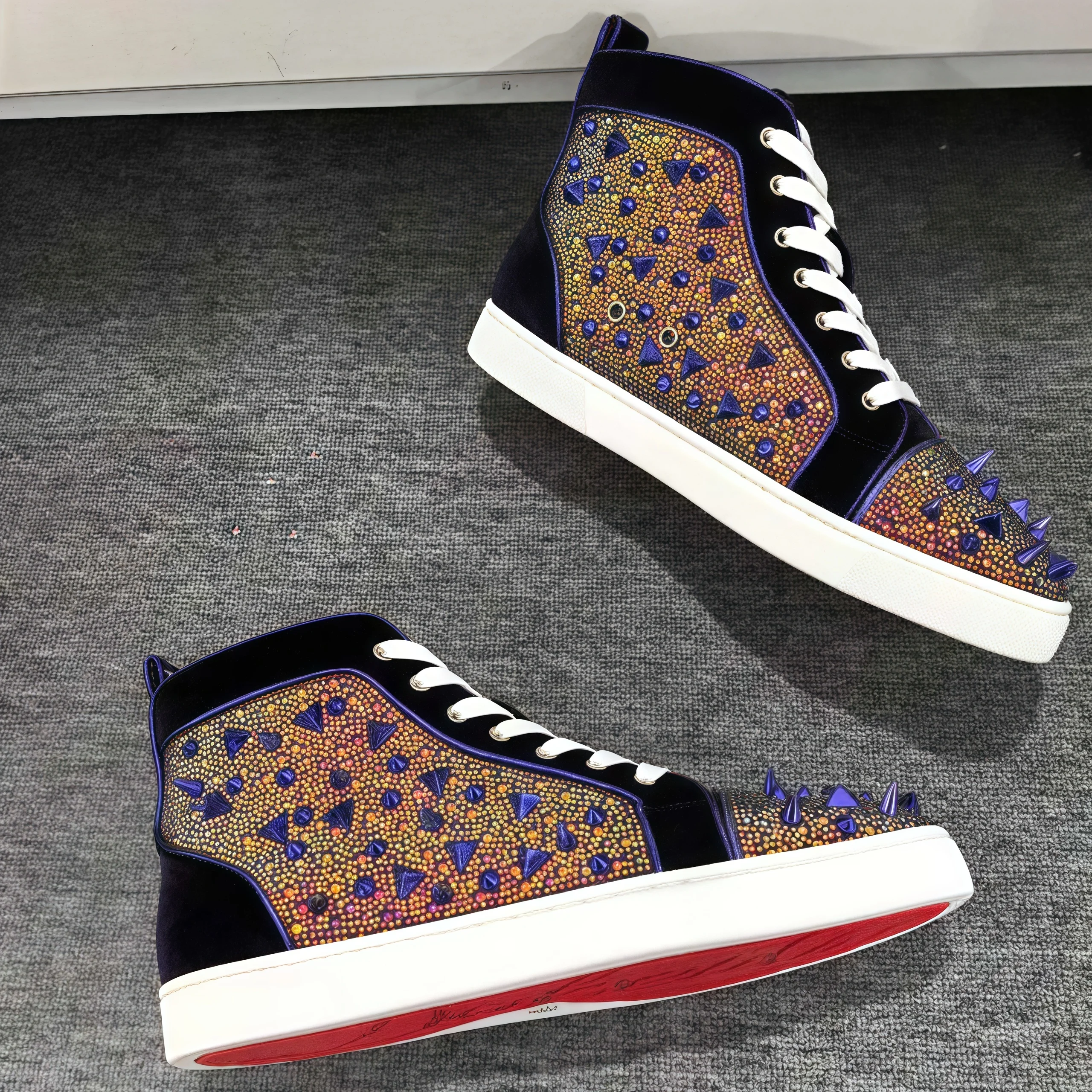 Dark Purple Rivets Men's Sneakers Rhinestones Crystal Flat Sole Casual Sports Shoes Lace-Up Red Sole High-Top Zapatillas Running view 5