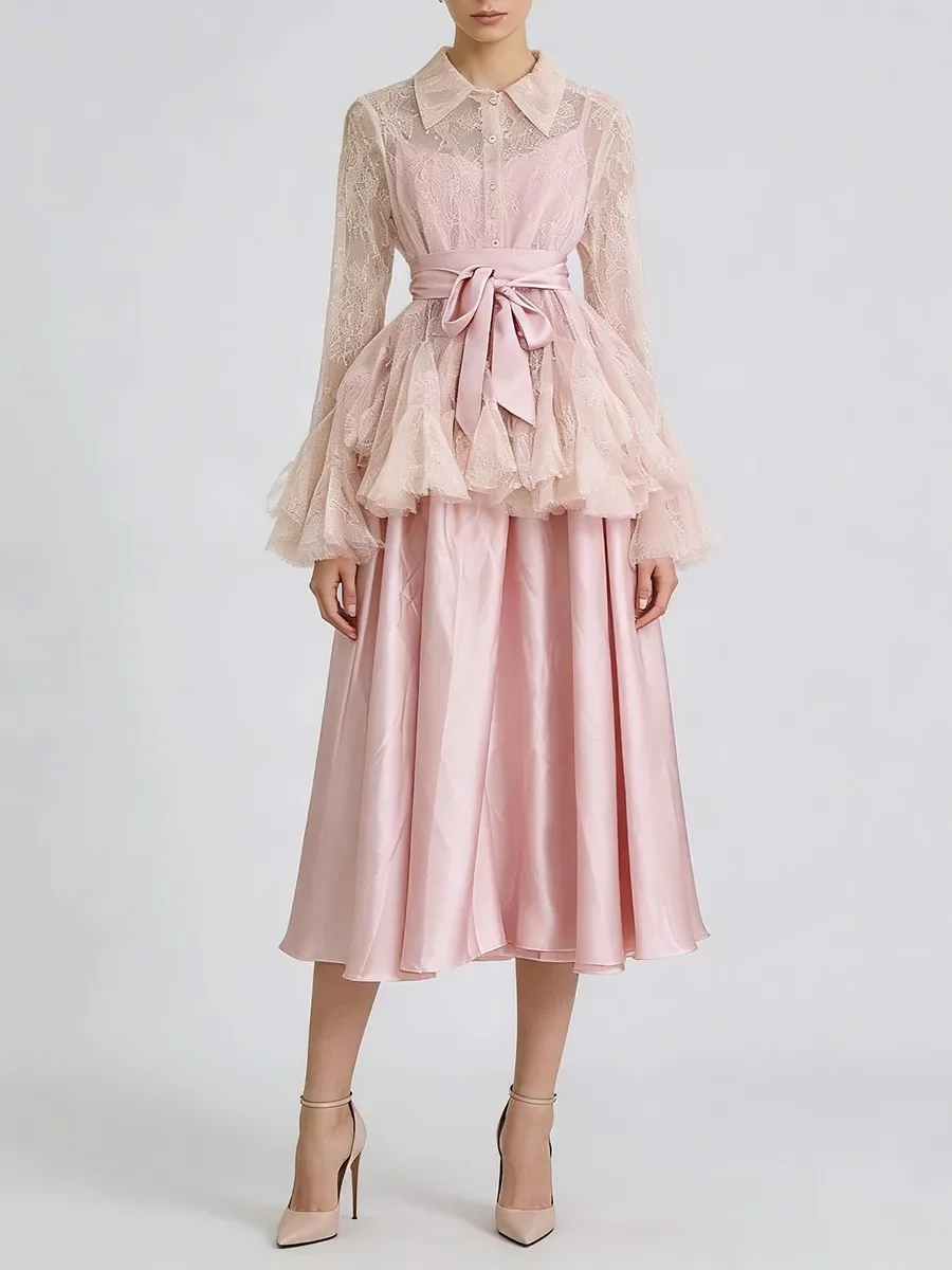 Women Lapel Long Sleeves Sheer Spliced Lace Top Square Neck Sleeveless Dress Set Female  Elegant Two Piece Sets for