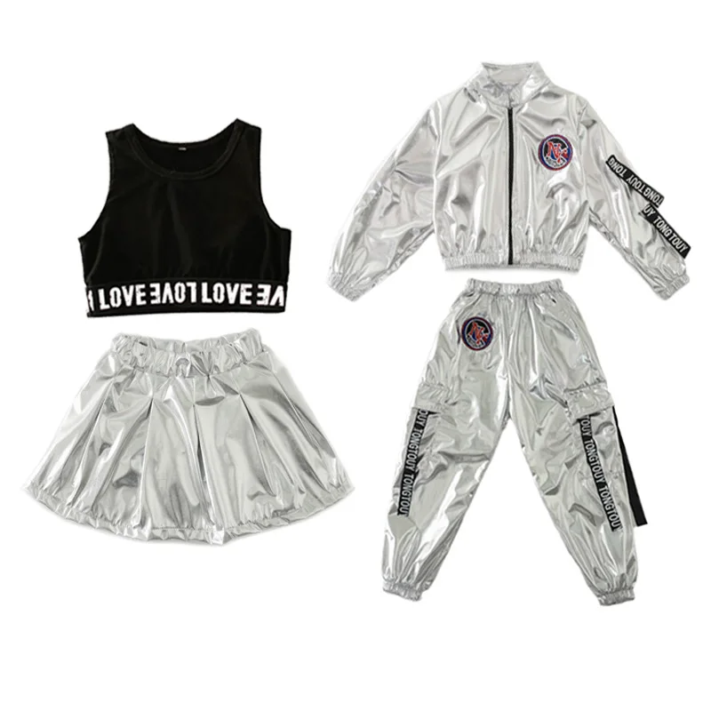 

Hip Hop Boys Silver Jacket Girls Jazz Jogger Pants Street Dance Mini Skirt Clothes Sets Kids Sequin Costumes Child Streetwear