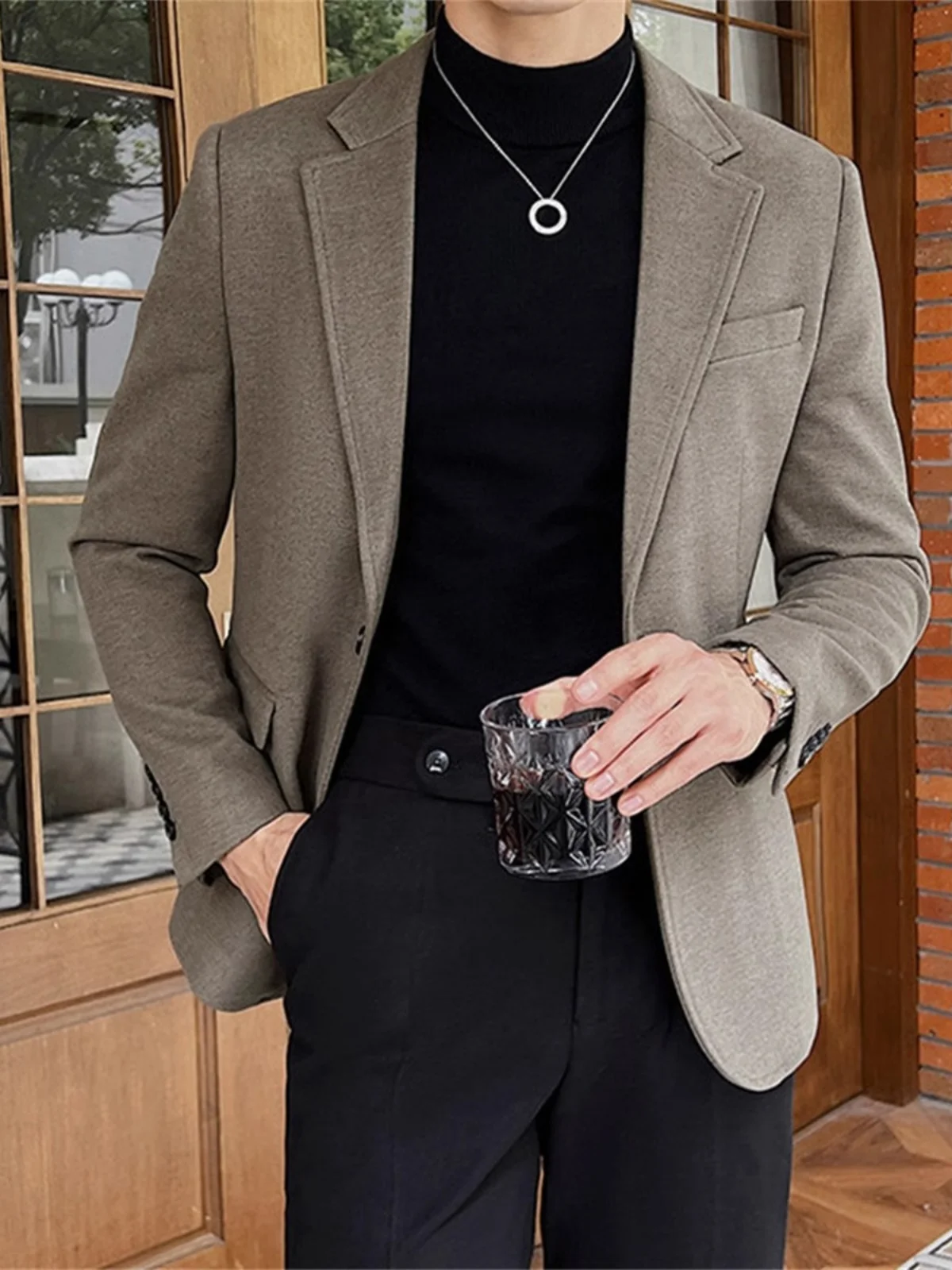 

Briti Sle Men's Woolen Suit Casual Slim Fit Korean Busin Winter Coat Double Breasted Pure Color Faion Trend