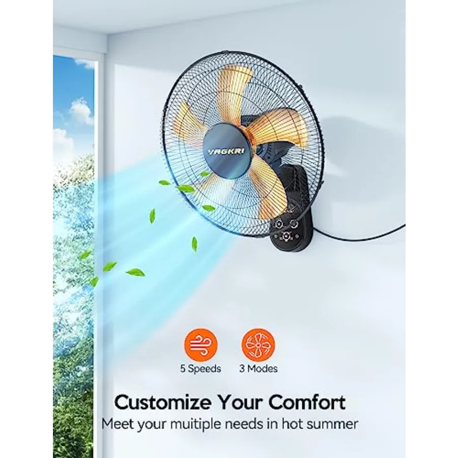 Wall Mount Fan, 16 Inch Wall Fans with 5 Blades, 5 Speeds, 8 Hour Timer, 90° Oscillating Quiet Fan with Remote for Home Office