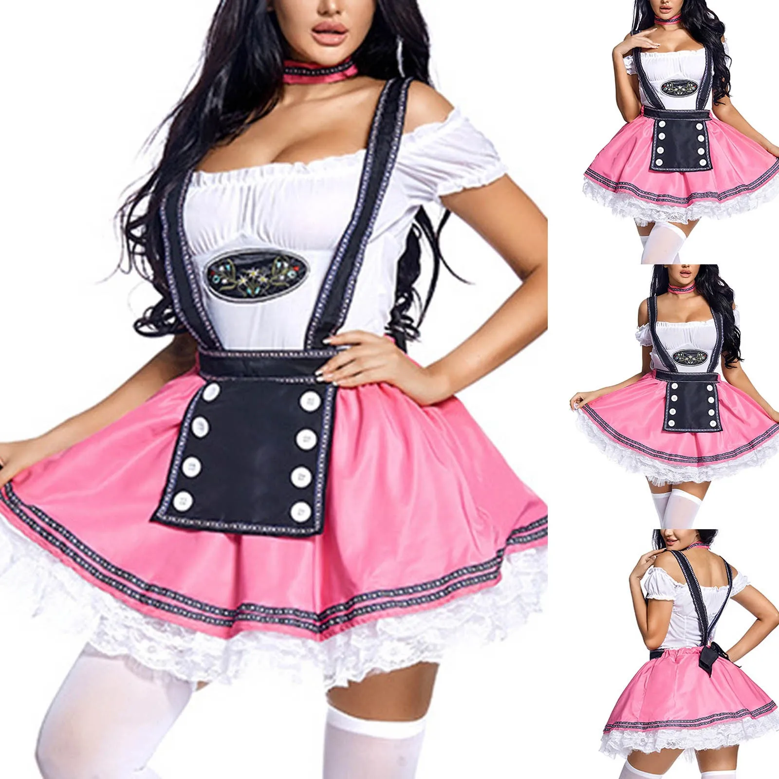 3PC Costume 1PC Top+1PC Women Girdle Skirt+1PC Neck Ring Oktoberfest Halloween Stage Costumes Embroidered Lace Sash Split Skirt