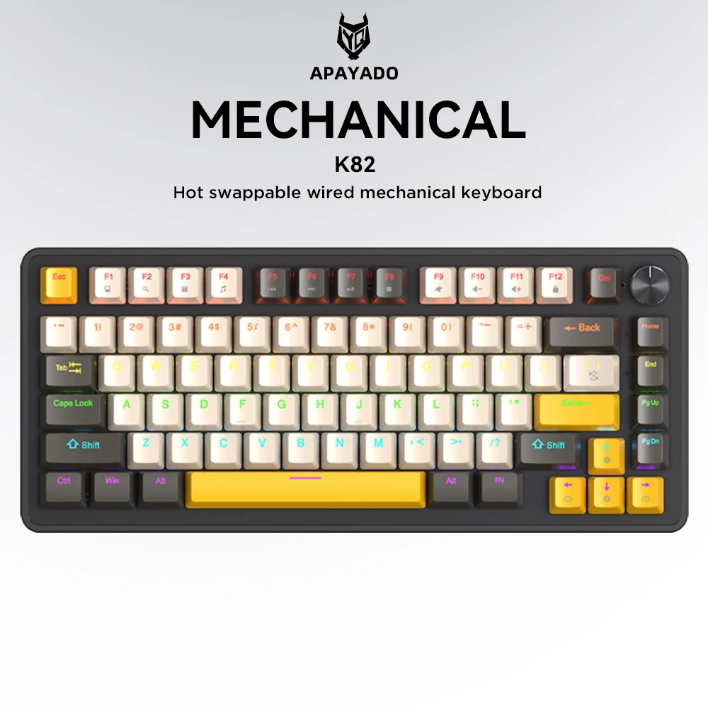 

APAYADO K82 Mechanical Keyboard 75% Multifunctional Knob Cool Backlight Full Key Hot Swappable Wired Connection for PC Lotop