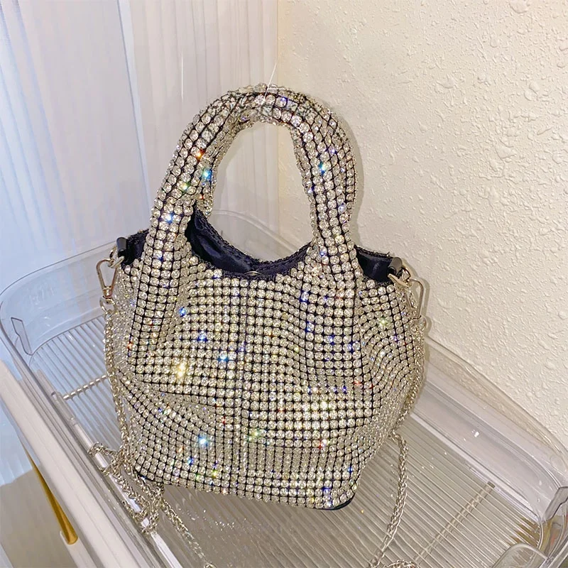 UGALS Shiny Diamond Handbag Handmade Bucket Shape Shopping Bag Crossbody Handbag Women's Fashion Summer 2023 Soft Polyester