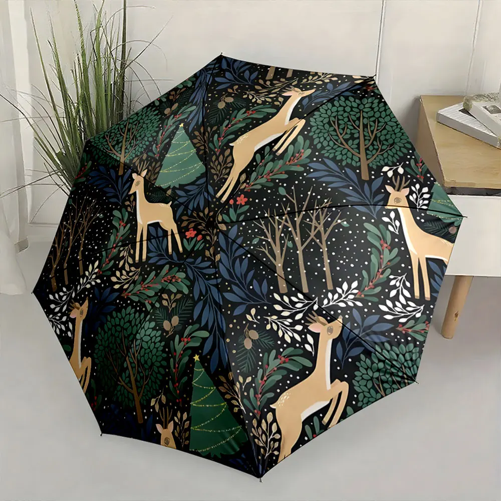 1PC Elegant Forest-Themed Umbrella with Deer Patterns Print 8 Iron Ribs Folding Umbrella Auto-Open Fashion Sunshade