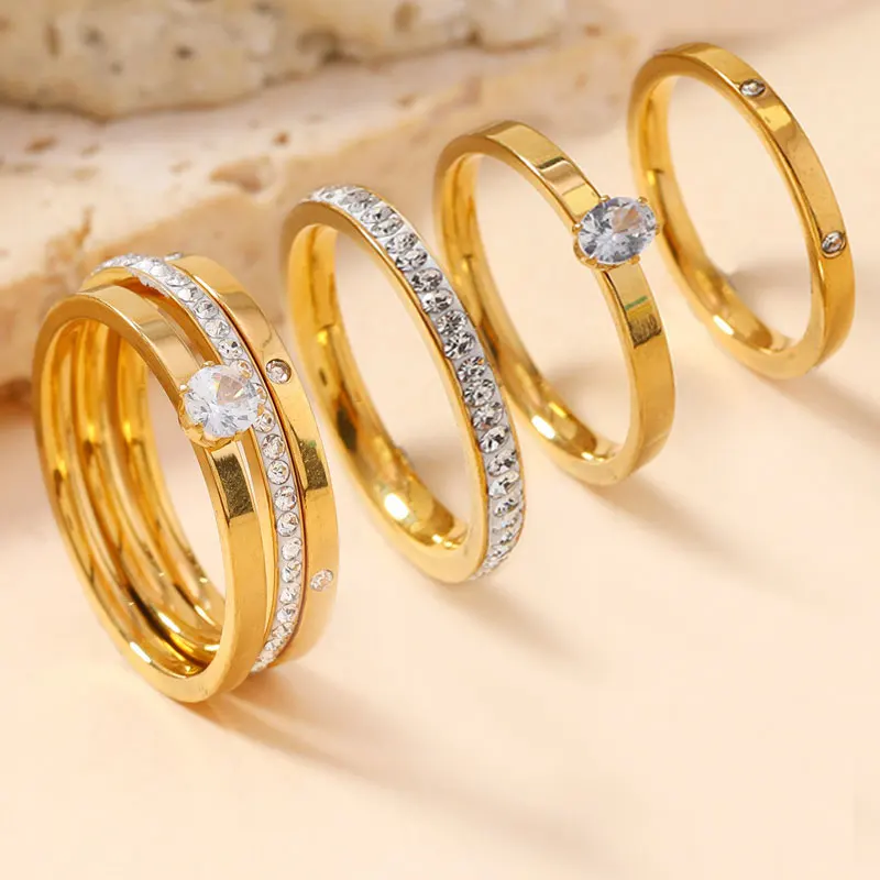 

Luxury Stainless Steel Ring for Women Three-Piece Set Zircon Classic Fashion Finger Accessory Jewelry Female Gifts Wholesale