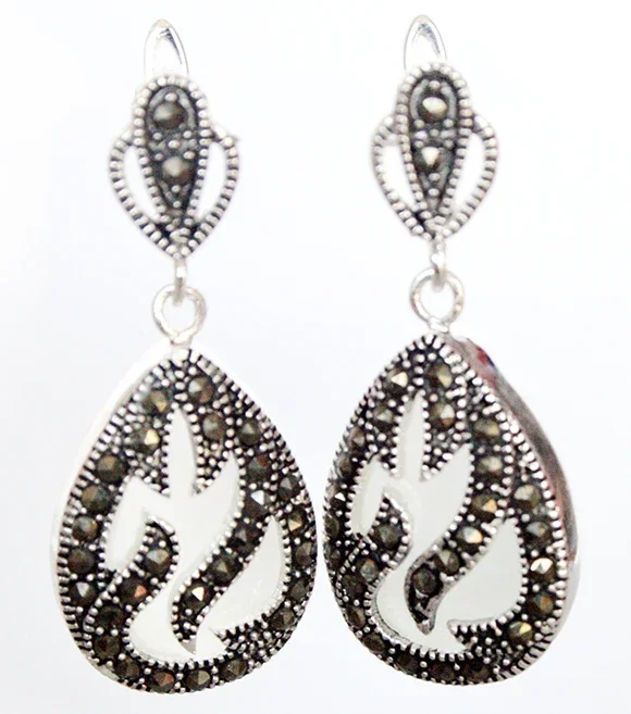 

11/2 " fin tendance 925 argent et marcassite inlay white opal Waterdrop boucles d'oreilles