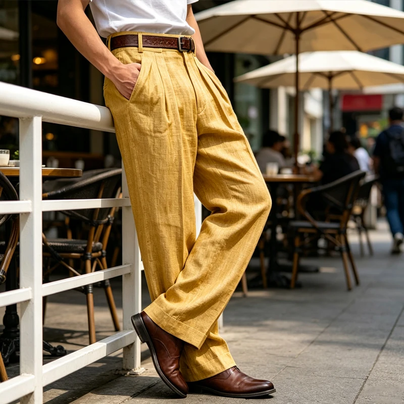 Summer Men Linen Pleated Wide Leg Pants Vintage High Waist Suit Trousers Business Casual Breathable Straight Pants Daily Wear