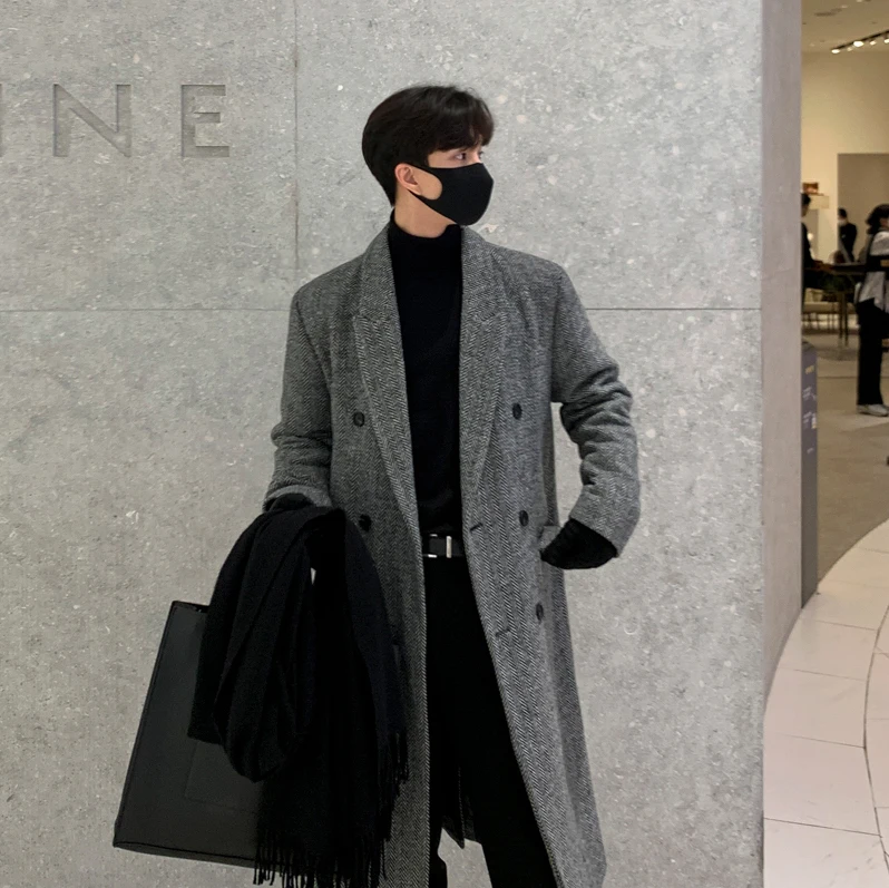 

Роскошное мужское твидовое шерстяное пальто 2023, зимний брендовый Серый свободный Тренч, мужское приталенное шерстяное кашемировое пальто, ветровка Y63