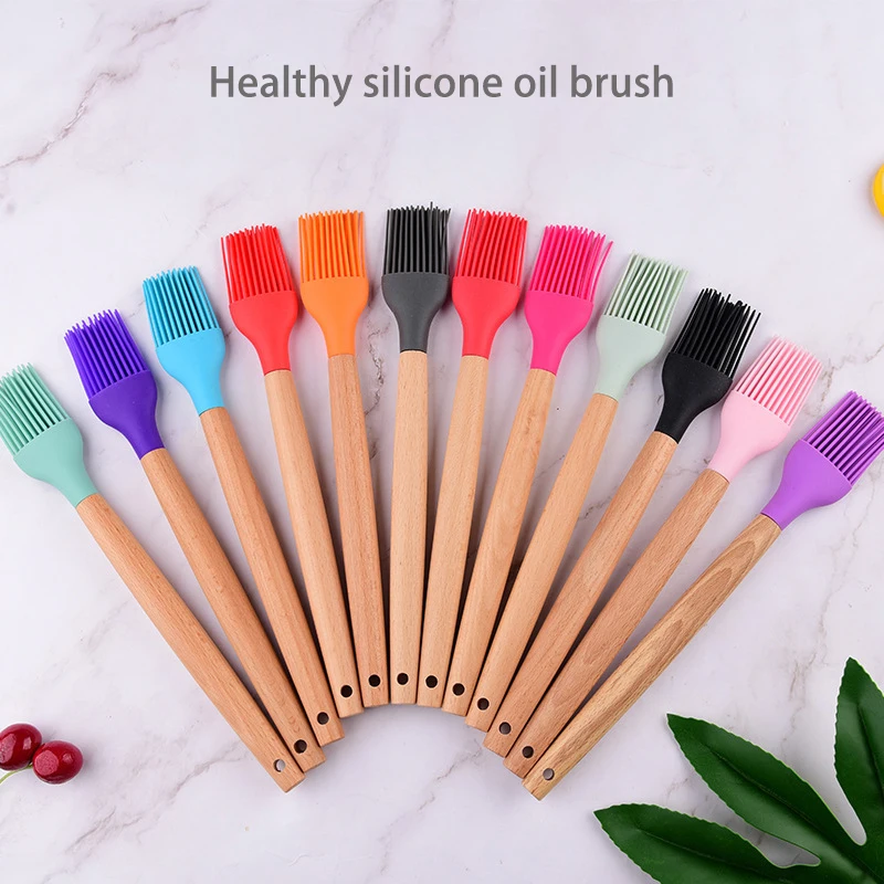 1PC Silicone BBQ Oil Basting Brush with Wood Handle Cake Bread Cream Cooking Brushes Baking Barbecue Kitchen Accessories