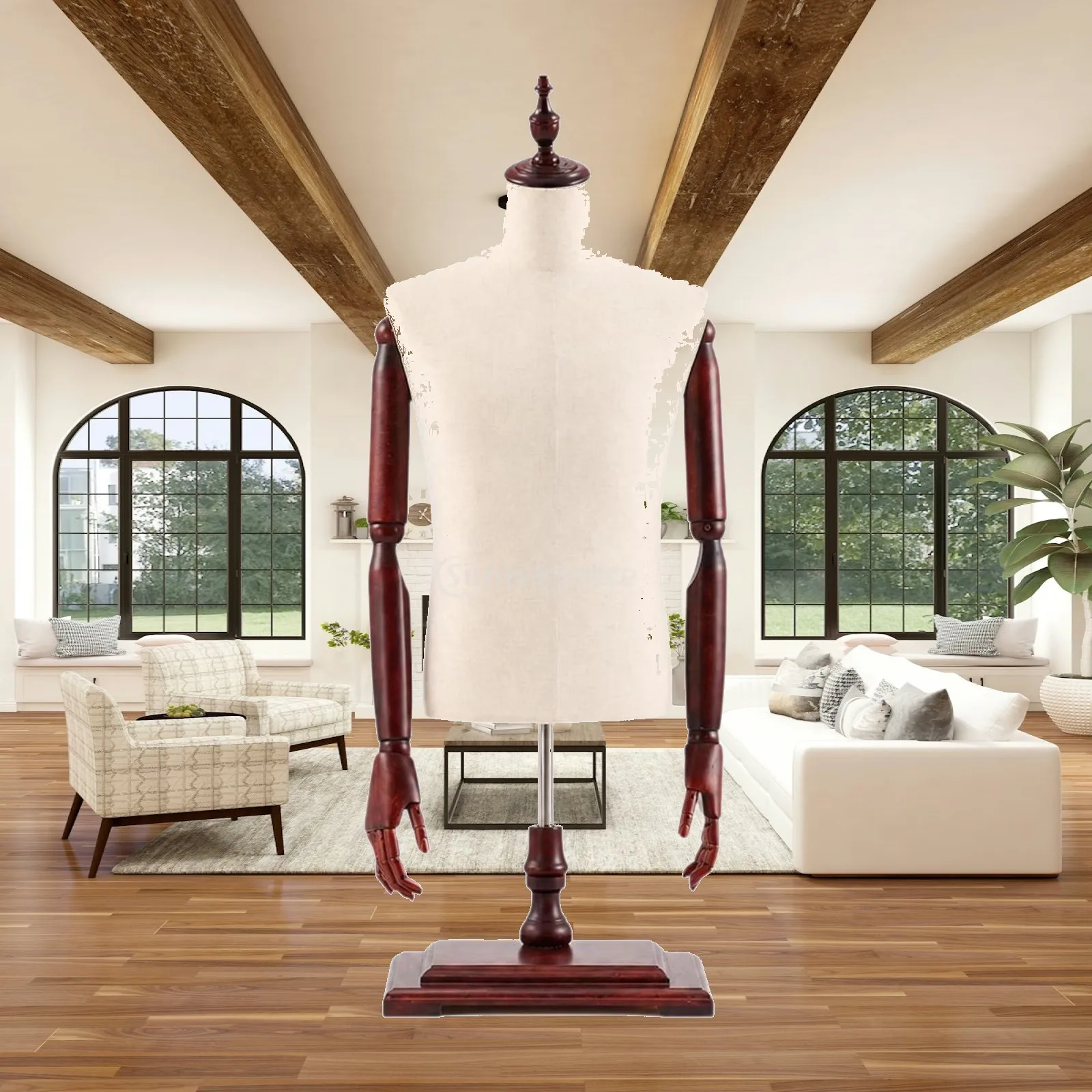 Compact Tabletop Mannequin Display Stand for Mens Apparel Presentation with Fabric Torso Wood Base and Decorative Crown Top for