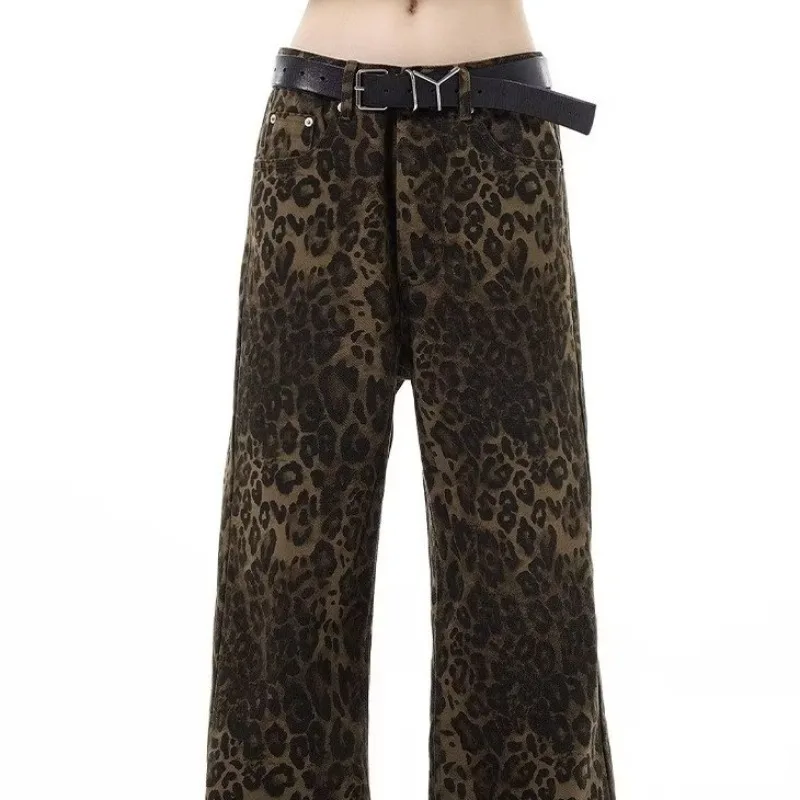 Tan Leopard Jeans Women Denim Pants Female Oversize Wide Leg Trousers Streetwear Hip Hop Vintage Clothes Loose Casual