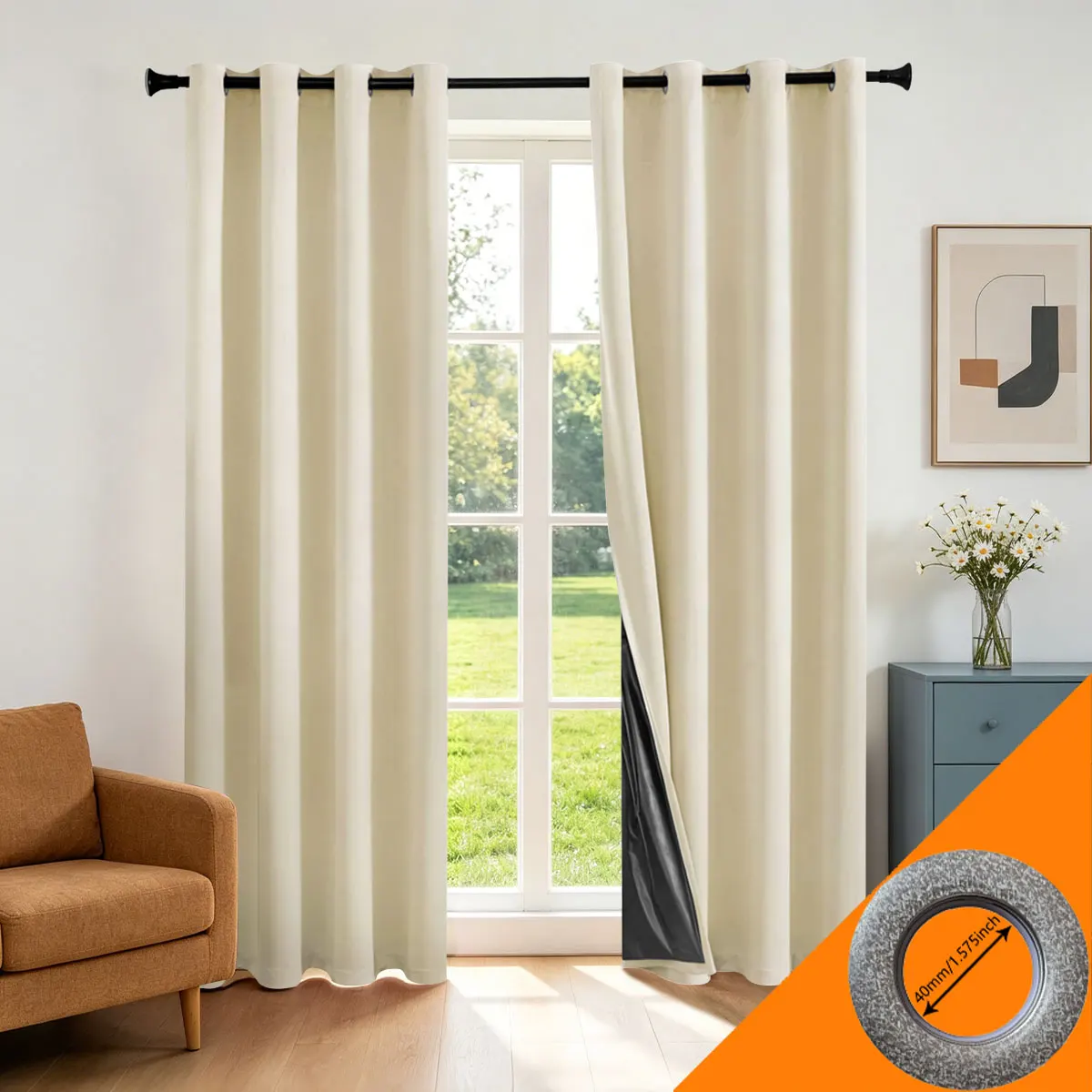 2pcs Cream Beige 100% Light Blocking Grommet Curtain Panels, Calm Japanese Neutral Minimalist Style, UV Protection Weighted Hem
