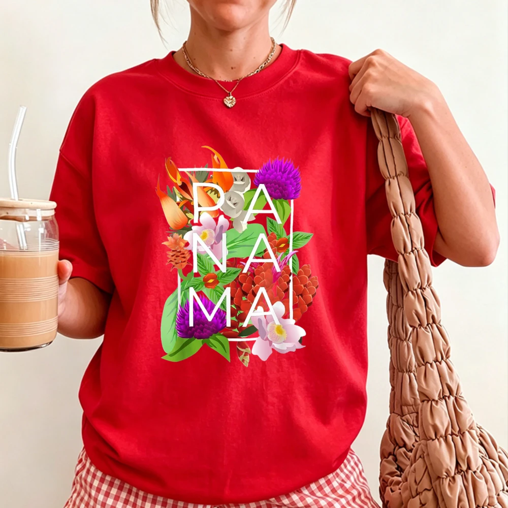 PANAMA Tropical Exotic Floral Square Frame Letter Print Women Pure Cotton Tshirt Central America Travel Vacation Boho Casual Tee