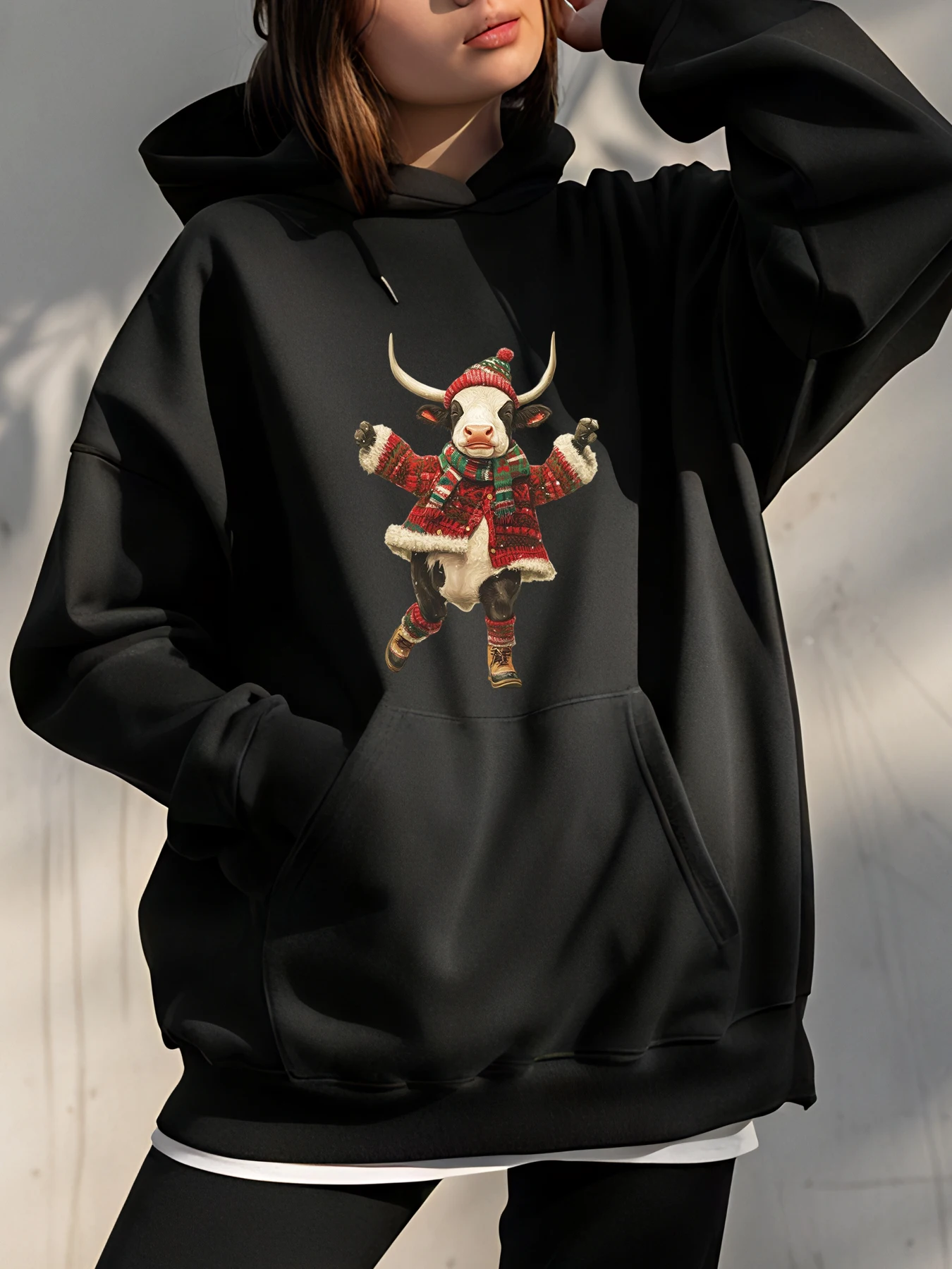 

Рождественская толстовка с принтом коровы, унисекс, повседневная зимняя толстовка для женщин и мужчин, модная уличная одежда, наряд