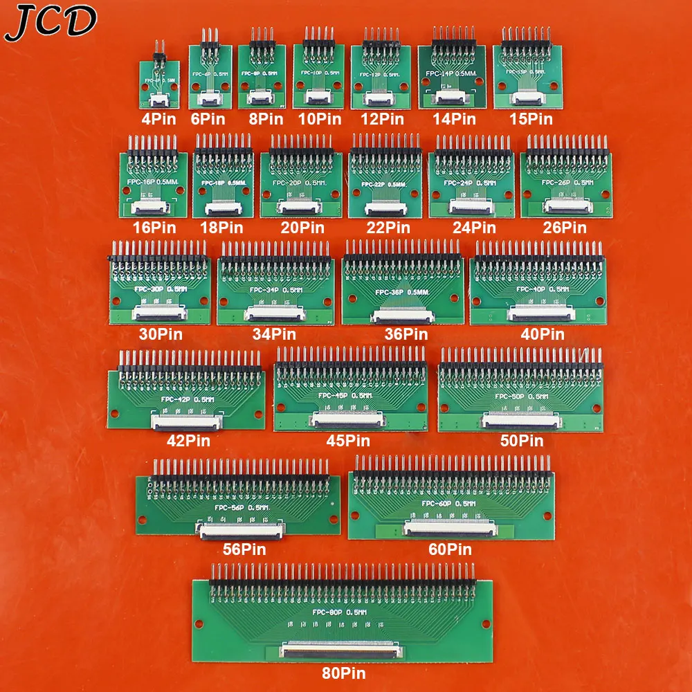 

JCD 2PCS 4-80PIn FPC FFC Flexible Cable Adapter Board Double-Sided 0.5mm to 2.54mm straight Curved Needle