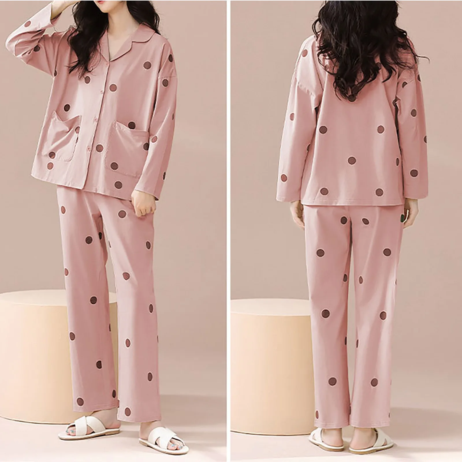 

Women's Casual Pajama Sets Dots Print Long Sleeved Sleepshirts Pants Home Wear Suit Womens Cute Silk Homewear Pijamas De Mujer
