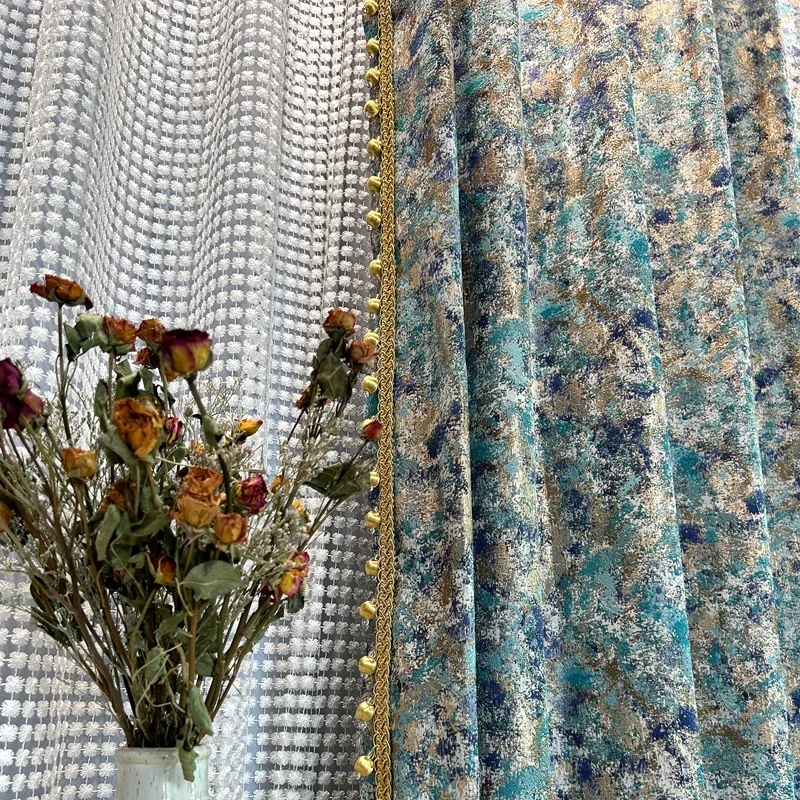 

Customized Blue Gold Line Oil Painting Jacquard Retro Thickened Blackout Curtains For Living Room Bedroom French Window Balcony
