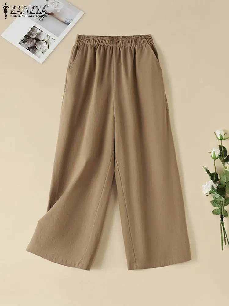 ZANZEA-Pantalones de pierna ancha para mujer, pantalón largo informal, holgado, sólido, de algodón, Retro, con bolsillo y cintura elástica, para vacaciones, 2024