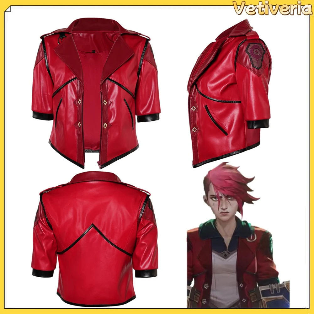 Vi Arcane Red PU Jacket Coat LoL Fantasia Women Cosplay Costume Disguise Red Shirt Outfits Halloween Adult Carnival Party Suit