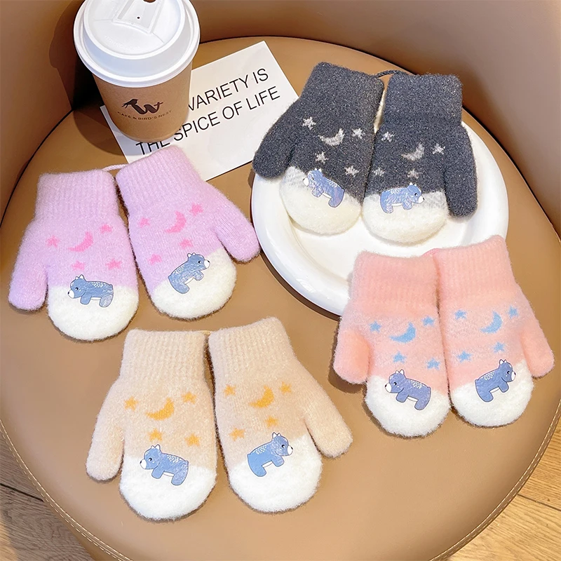 2022 New Baby Girls Cute Colors Cartoon Bow Plush Thickened Warm Gloves Children Soft Outdoor Windproof Warm Gloves Kids Gloves