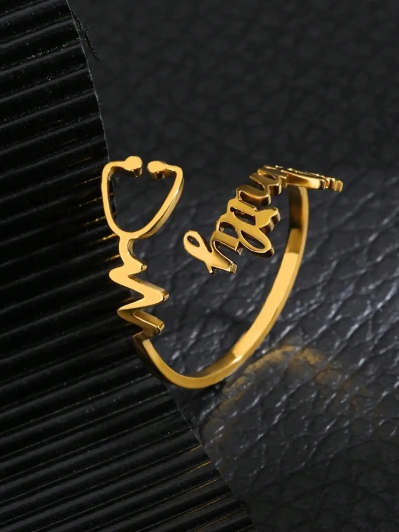 Benutzerdefinierte Stethoskop Herz Namensringe für Frauen Gold Farbe Edelstahl Stethoskop Namensring Weihnachtsschmuck Geschenk für Krankenschwester – Detail 6