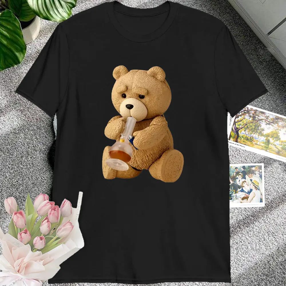 New Men's Print Cute Teddy Bear Drinking Beer Poster T-Shirt Summer Short Sleeve Tee High Quality Cotton Shirt Cool TShirt Top