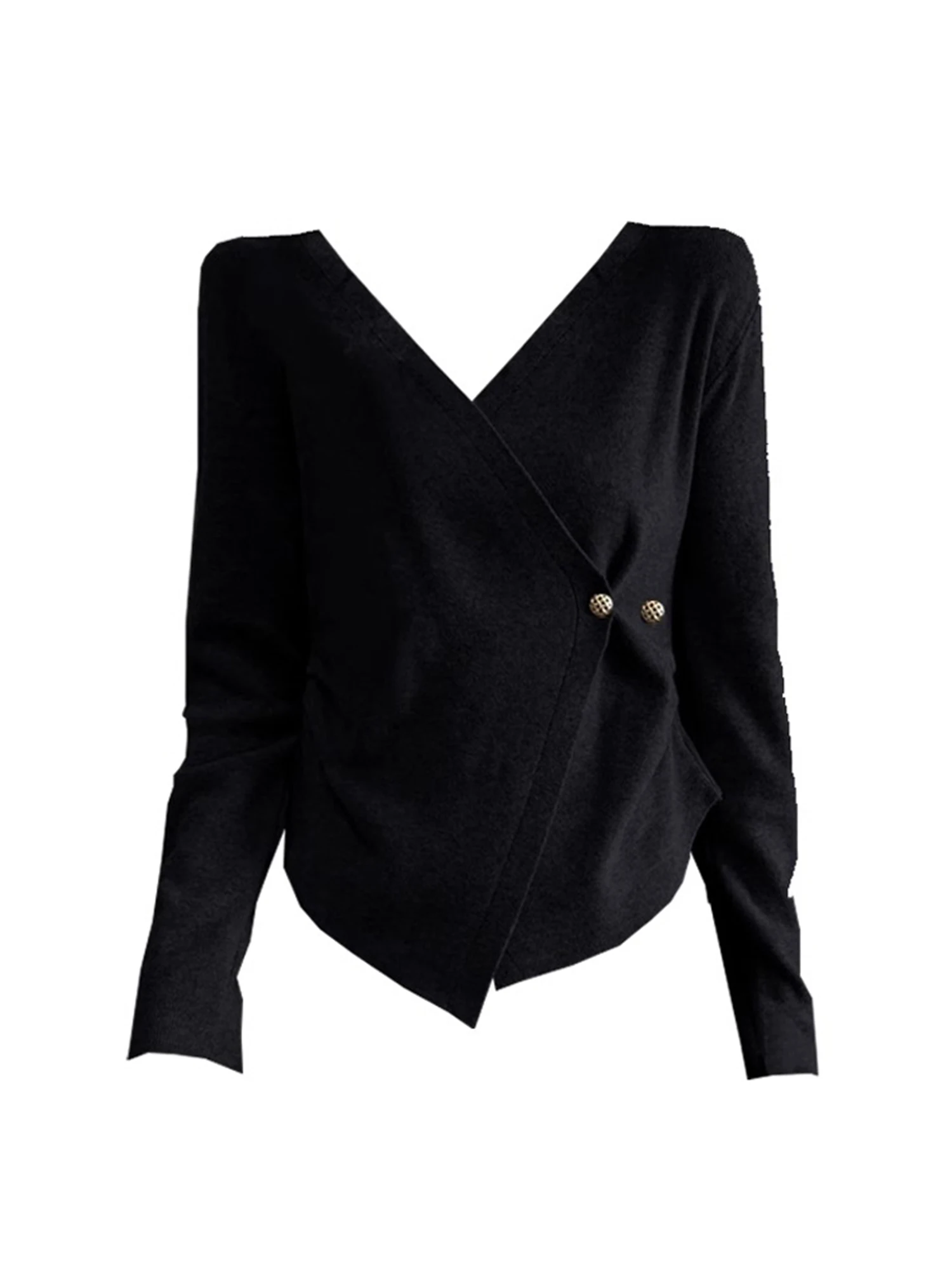 

Women's Black Gothic V-Neck Knit T-shirt Y2k Gyaru Tee Top Vintage Aesthetic Long Sleeve Oversize T-shirts 2000s Clothes Autum