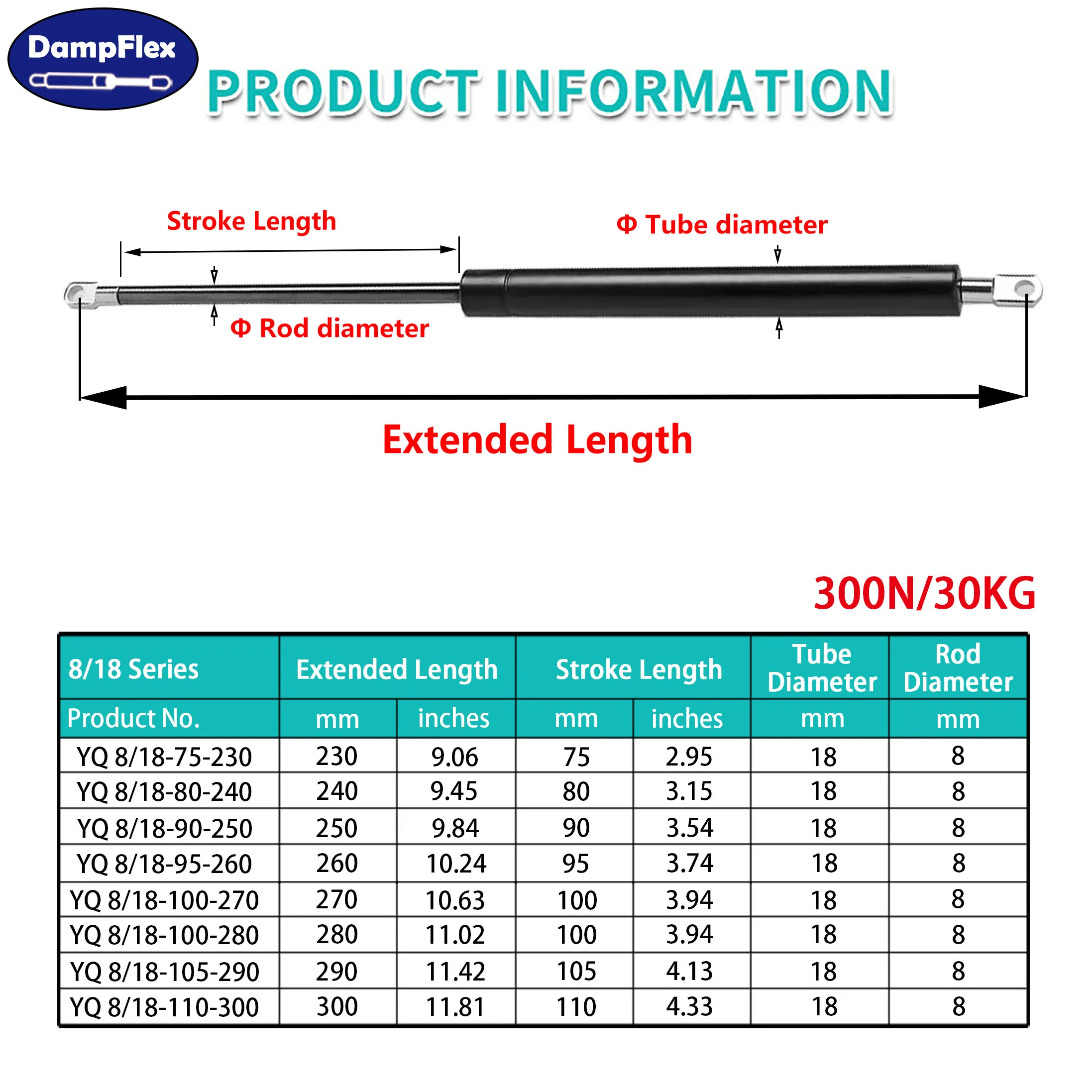1PC 300N 230-300mm Gas Struts Eyelets Shock Absorbers Gas Springs Lift Supports Storage Bed RV Window Truck Canopy Camper Cover