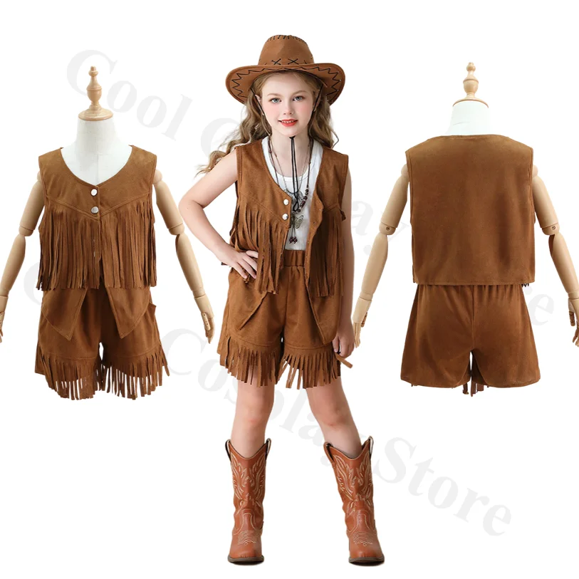 

Bohemian Vintage Buckskin Velvet Western Denim Shorts Vintage Kids Fringe Vest Girls Hippie Outfit Mardi Gras Party CostumesNew
