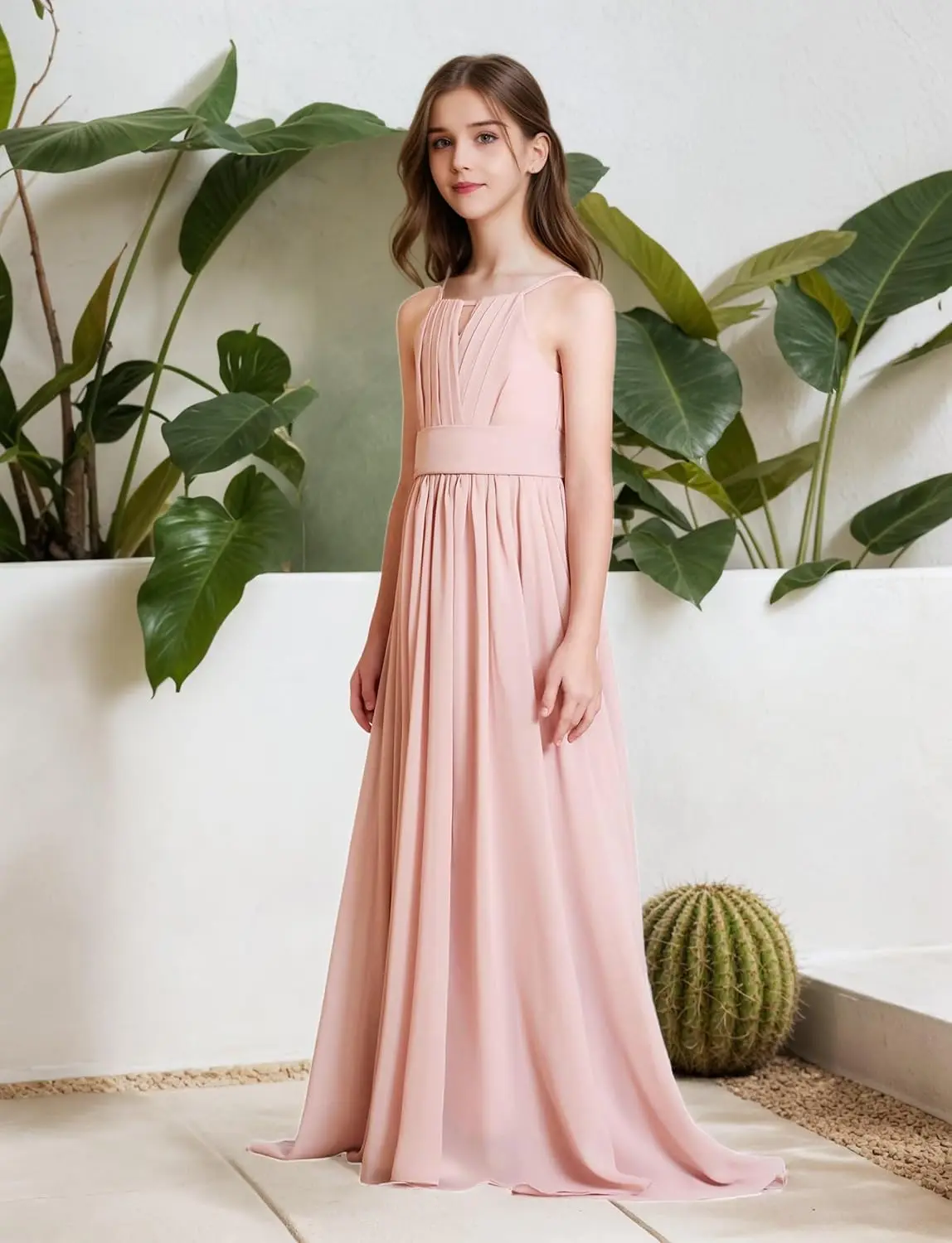 Meninas júnior vestidos de dama de honra a linha halter chiffon maxi vestido longo para adolescentes casamento pageant festa vestido da menina