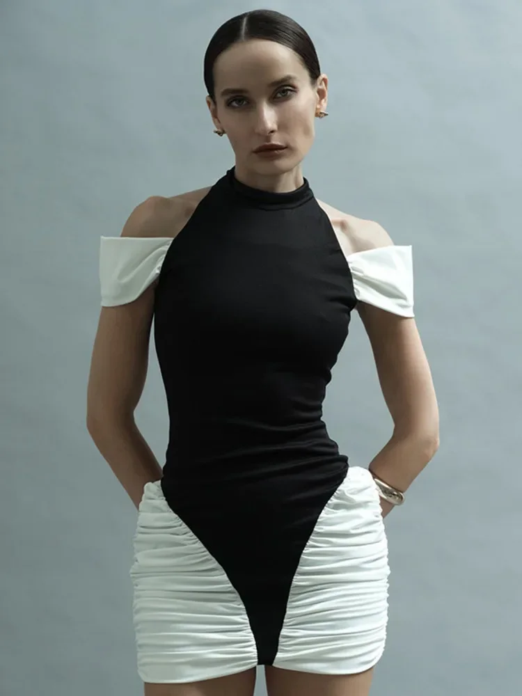 

Patchwork Off-shoulder Sexy Mini Dress For Women Fashion Halter Sleeveless Backless Ruched Club Party Dresses Female