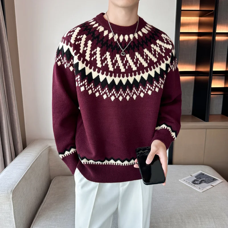 National Style Mens Sweaters Fancy Graphics Contrast O-Neck Knitted Pullovers Autumn Winter Top Long Casual Jumper for Man