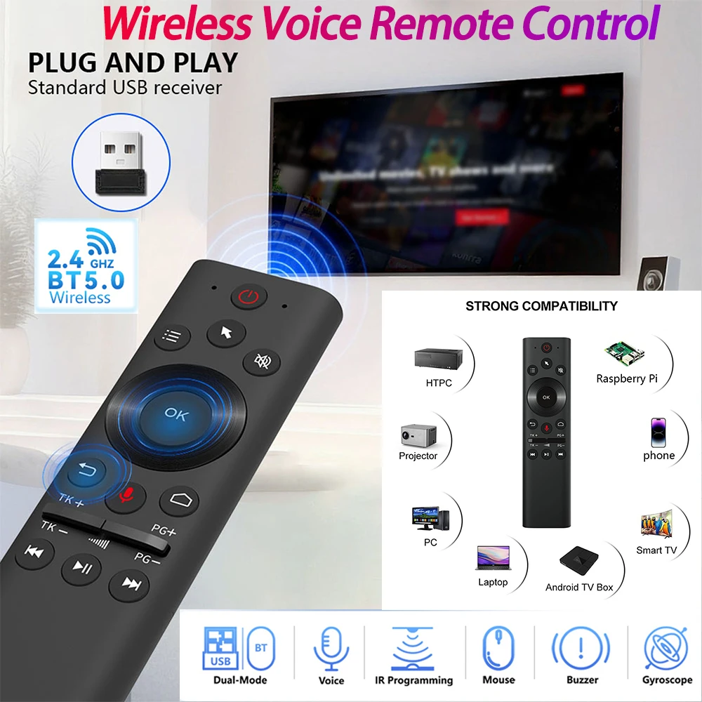

2.4G BT 5.0 Air Remote Mouse USB Replace Air Mouse with IR Learning BT Voice Remote 6 Axis Gyroscope for Computer Android TV Box