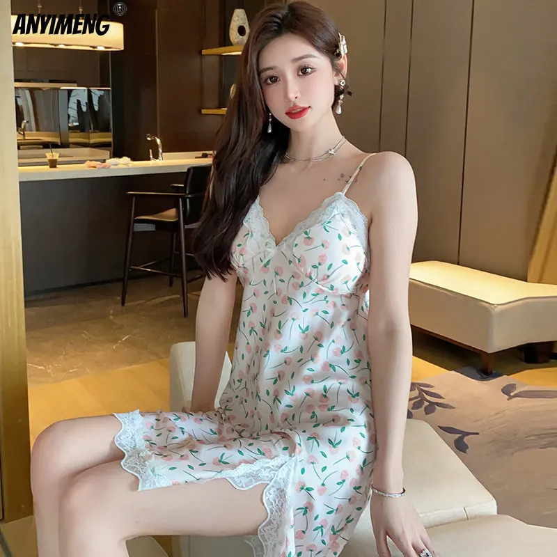 Sexy Silk Nightgowns Elegant Women Lingeries Lace Sling Luxury Gorgeous Nightdress Bras Padded Pajamas Dress for Lady Sleepdress